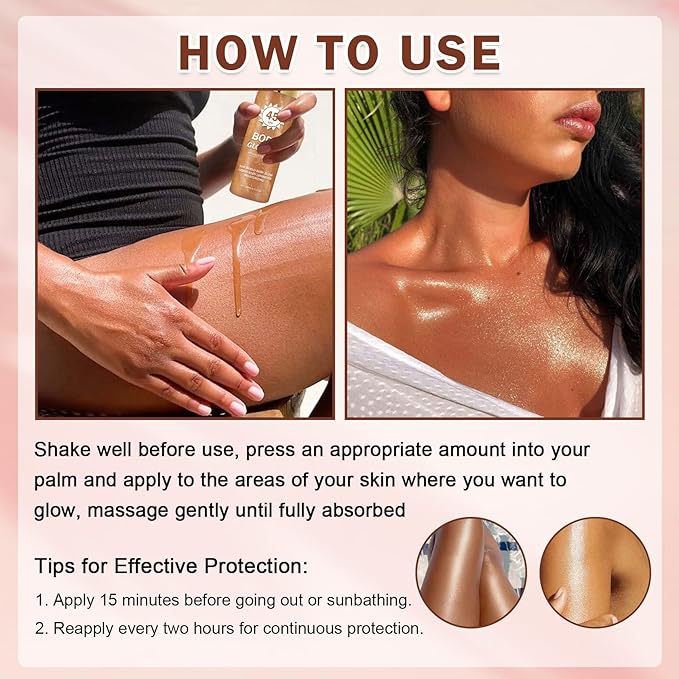 Shimmer Sunscreen,SPF 45 Broad Spectrum,Body Shimmer Oil with Gold Mica,Moisturizing Coconut,Water Resistant Body Glow Oil,Glowing Results,3.72 fl oz,AMBER