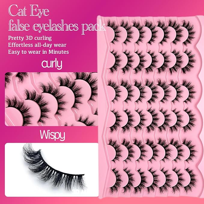 Cat Eye Lashes Wispy Short Fluffy Lash Strips D Curl 3D Lashes Cateye Eyelashes Natural Look 16mm Long Faux Mink False Eyelashes Pack
