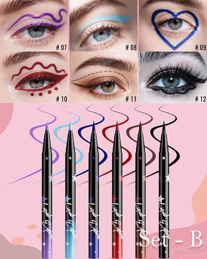 6Pcs Colored Liquid Eyeliner Pen Set Pack, Waterproof Waterline Matte Eye Liner Pencil, Purple Sky Navy Blue Red Brown Black, High Pigmented Longwear Quick Drying Colorful Eyeliner Pen for Women-Set B
