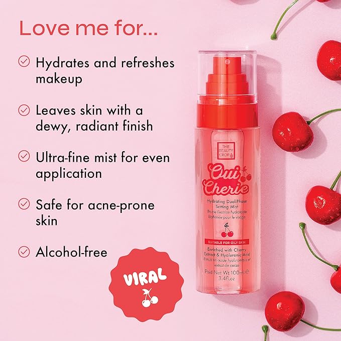 The Beauty Crop Oui Cherie Mist - Hydrating Dual-Phase Setting Spray with Cherry Extract and Hyaluronic Acid, Vegan Friendly - 100 ml