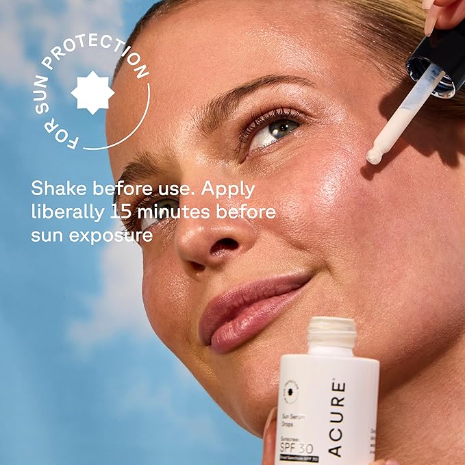 Acure Sun Serum Drops SPF 30 - Hydrating Sunscreen Serum & Reef-Safe Broad-Spectrum Protection, Skincare for Beauty Glow, Sheer UV Shield, Use with Makeup, Travel Size, Sulfate Free, Vegan - 1 fl oz