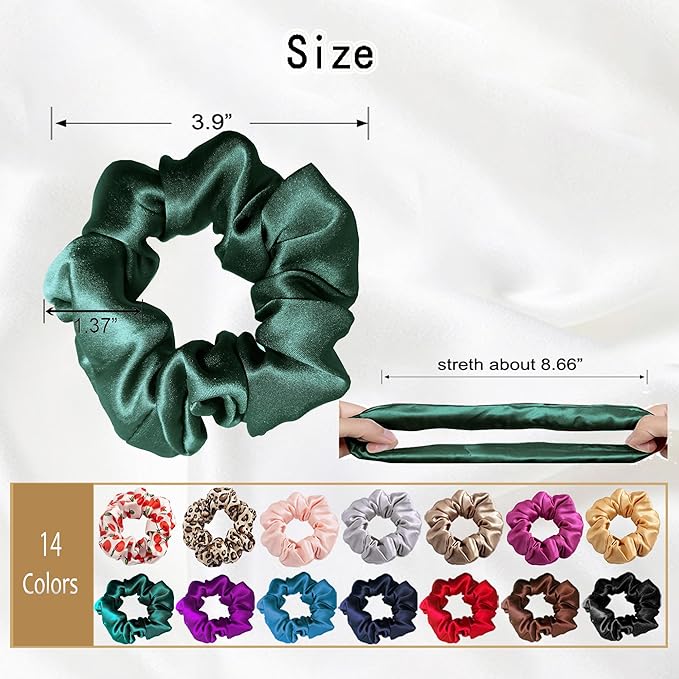 100% Pure Mulberry Silk Hair Scrunchies, 16 Momme Silk Scrunchies, Silk Hair Ties for Women Girls Curly Thick Thin Hair, Black Satin Sleep (4, 07 green)
