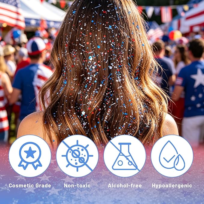 DAGEDA Red White Blue Body Face Glitter, 4th of July Outfits Accessories for Women, Patriotism Face Glitter Makeup, Fourth of July Patriotic Independence Day Hair Accessories Party Costumes（Strip）