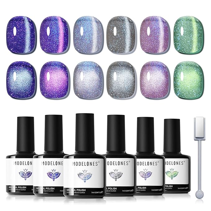 modelones Cat Eye Gel Nail Polish Set, 6 Colors Aurora Galaxy Pearlescent 9D Cateye Glitter Gel Polish kit Blue Green Purple Mermaid Nail Polish with Magnet Soak Off LED Nail Art Starter Kit DIY Gift
