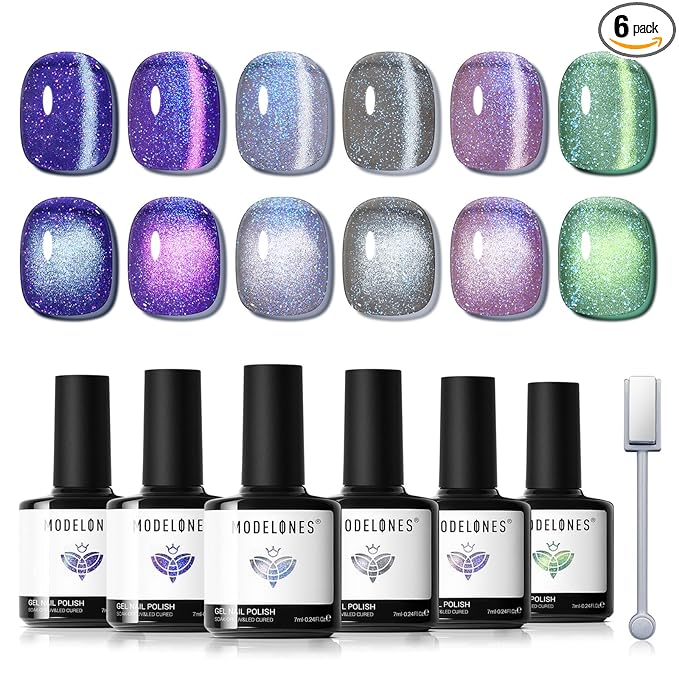 modelones Cat Eye Gel Nail Polish Set, 6 Colors Aurora Galaxy Pearlescent 9D Cateye Glitter Gel Polish kit Blue Green Purple Mermaid Nail Polish with Magnet Soak Off LED Nail Art Starter Kit DIY Gift