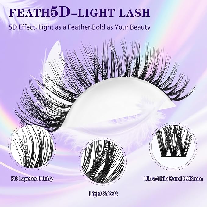 B&Q Lash Clusters Kit Wispy Fluffy - Feath5D 02 Eyelash Clusters Kit with Glue & Tools, Feathered Lightweight Lash Kit, 8-18mm C Curl Waterproof False Lashes
