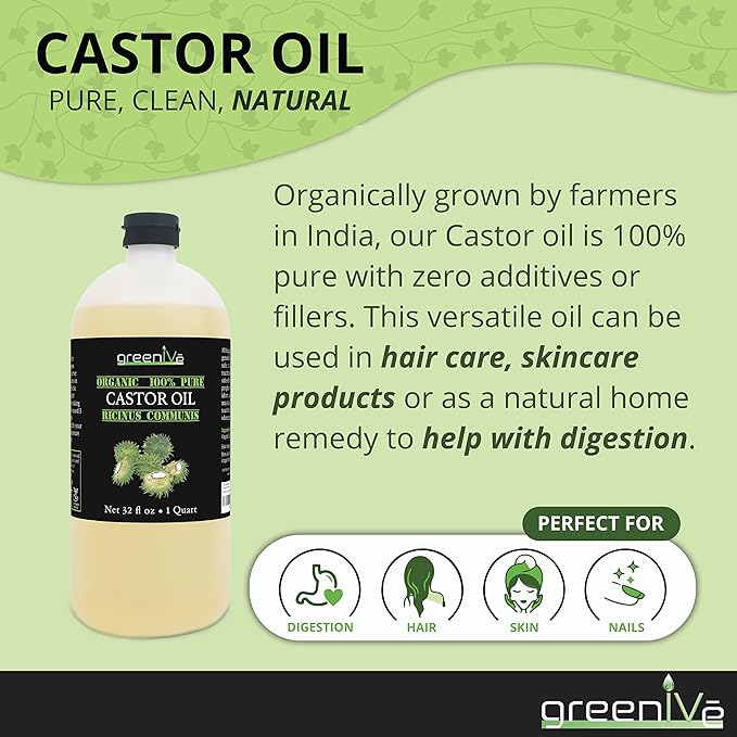 GreenIVe 100% Pure Castor Oil – Cold-Pressed, Hexane-Free – Hair, Eyebrows, Eyelashes, Skin Moisturizer, Castor Pack Wrap Oil Bulk Bottle (1 Gallon)
