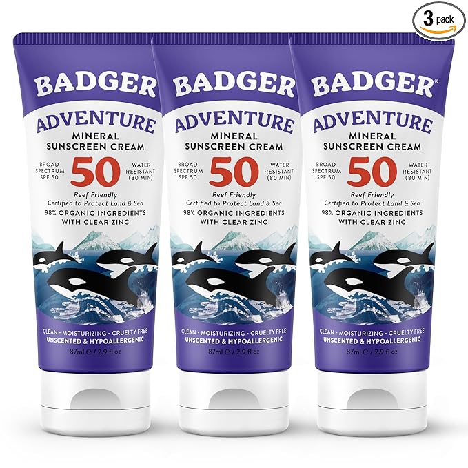 Badger Biodegradable Reef Safe Sunscreen, SPF 50 Unscented Zinc Oxide Sunscreen, 98% Organic Ingredients, Water Resistant Adventure Sport Sunblock, 2.9 fl oz, 3-Pack