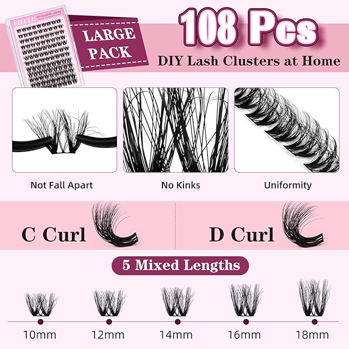 Uilulu Lash Clusters Kit for DIY Lash Extension at Home, False Eyelashes Set with Bond Seal, Lash Remover, Brush, Tweezers, D Curl Wispy Individual Clusters Eye Lash Extensions Kit (U10 Kit)