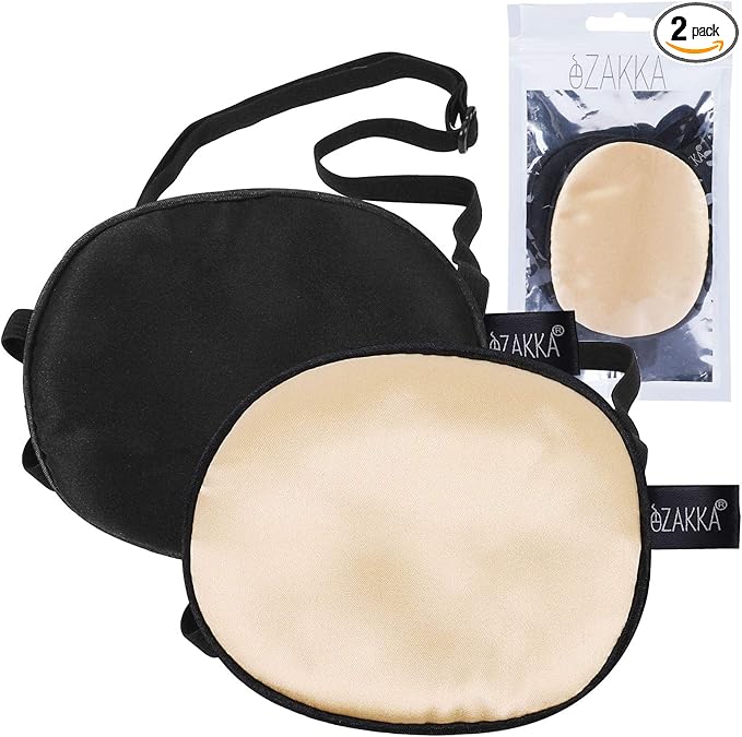 eZAKKA Eye Patches for Adults Kids, 2 Pieces Silk Elastic Eyepatch for Lazy Eye Amblyopia Strabismus (L, Champagne+Black)