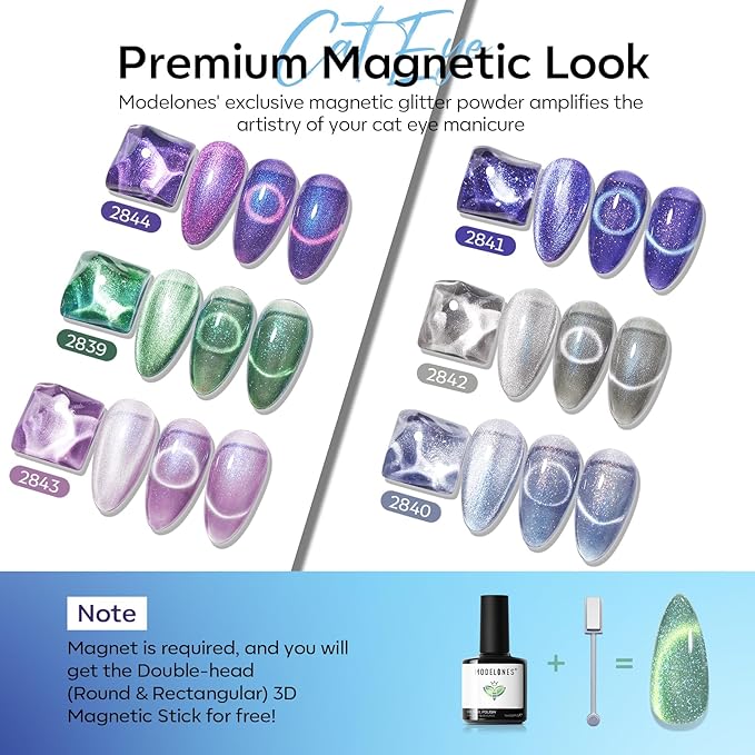 modelones Cat Eye Gel Nail Polish Set, 6 Colors Aurora Galaxy Pearlescent 9D Cateye Glitter Gel Polish kit Blue Green Purple Mermaid Nail Polish with Magnet Soak Off LED Nail Art Starter Kit DIY Gift