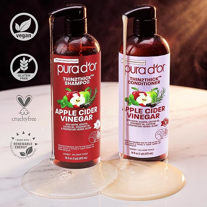 PURA D'OR Apple Cider Vinegar Thin2Thick Set (16oz x 2) ACV Shampoo & Conditioner, Clarifying - Biotin, Keratin, Caffeine, Castor Oil, Aloe - All Hair Types, Men & Women (Packaging may vary)