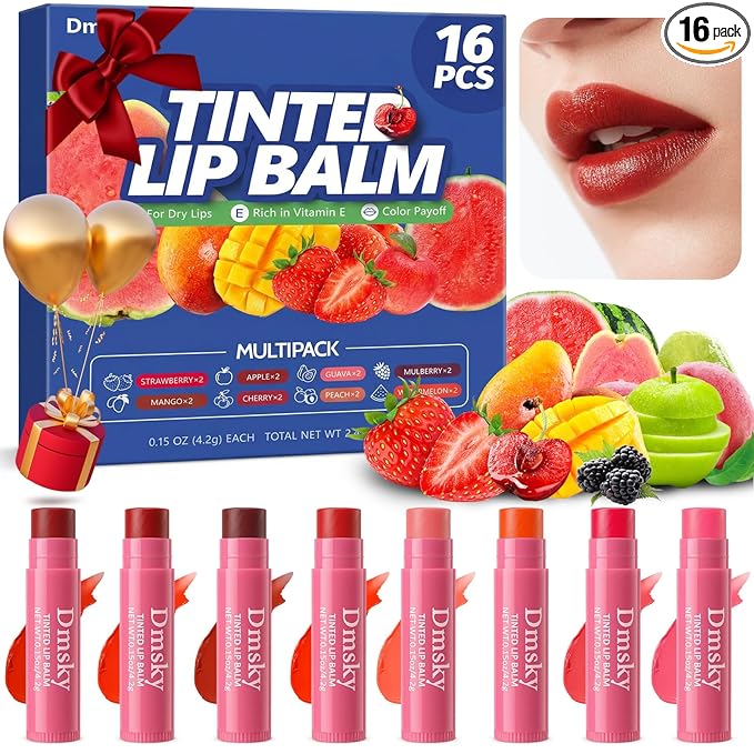 Dmsky 16 Pack Fruity Tinted Lip Balm Bulk,3-In-1 Moisture,Repair and Color Lip Tint Stain,8 Assorted Flavors Lip Balms & Moisturizers Bulk Gifts for Women,0.15 OZ Natural Lip Balm Tinted with Beeswax
