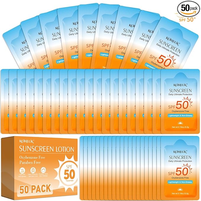 50 Pack Bulk Travel Size Sunscreen for Face and Body, SPF 50 Sunscreen Lotion, Lightweight and Non-Greasy, Mini Size for Summer Travel, Outdoor Activities, 0.19 OZ/Pack