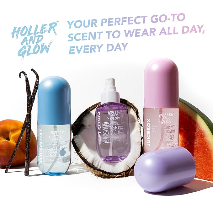 Holler And Glow Mood Boosting Juice Box Body & Hair Mist, Body Spray, Teen Girls Spritz, Long Lasting, Watermelon, Fruity Scented, Water Based Fragrance For Tweens, Clean & Gentle Formula, 3.38 Fl Oz