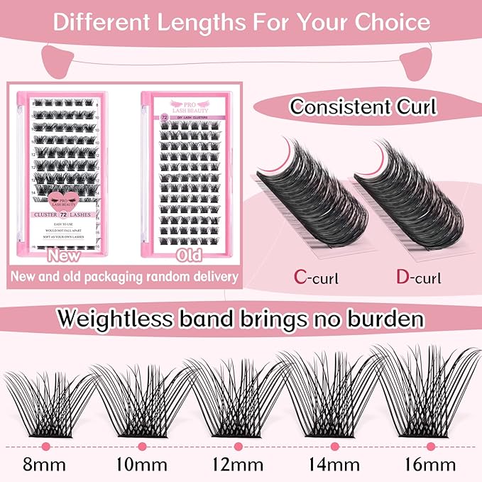 Cluster Lashes, 72 Pcs Individual Lashes, Lash Clusters DIY Eyelash Extension, Natural Lashes Super Thin Band Reusable Soft & Comfortable (Natural-C-16mm)