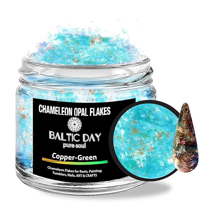 BALTIC DAY Chameleon Opal Flakes [Copper/Green] – Color Shift Mica Pigment Powder for Epoxy Resin, Tumblers, Nail Art, Eyeshadow, Makeup, Molds, and More – Chrome Color Shift Powder