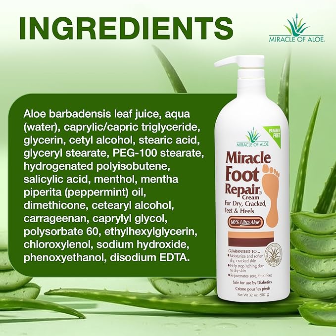Miracle Foot Repair Cream (32 oz) Repairs Dry Cracked Heels and Feet, 60% Pure UltraAloe Moisturizes, Softens, and Repairs