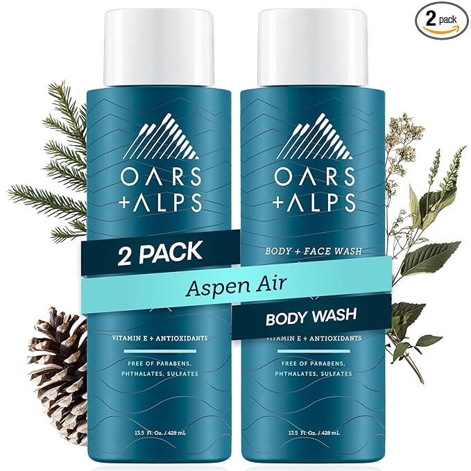 Oars + Alps Body Wash for Men, Mens Body Wash & Face Cleanser with Vitamin E & Antioxidants, Moisturizing, Paraben & Sulfate Free Cleanser, Aspen Air, 2pk
