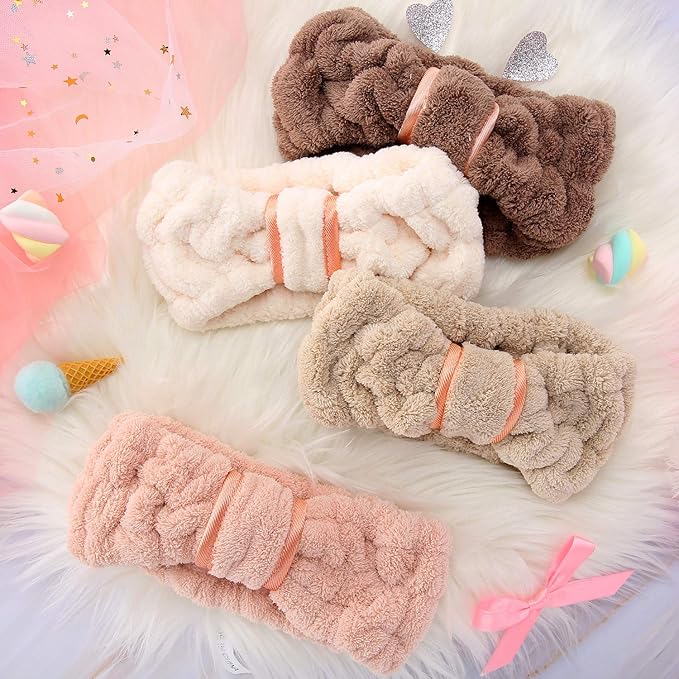 WILLBOND 4 Pack Microfiber Headbands Spa Facial Headbands Makeup Head bands Elastic Terry Cloth Head Wrap for Women Girls Washing Face Makeup Shower Yoga Sports(Coffee, Khaki, Pink and White)