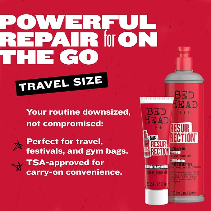 Bed Head by TIGI Resurrection Super Repair Shampoo Travel Mini – Repairing shampoo for dry, brittle and damaged hair with added moisture and nourishment, 2.53 fl oz