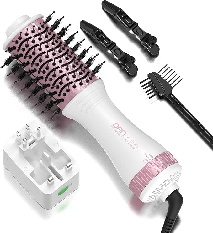 DAN Auto Dual Voltage Hair Dryer Brush(100V-240V),Travel Hair Dryer Brush with Multi-Function Plug Adapter,One Step Blow Dryer Brush and Styler Volumizer