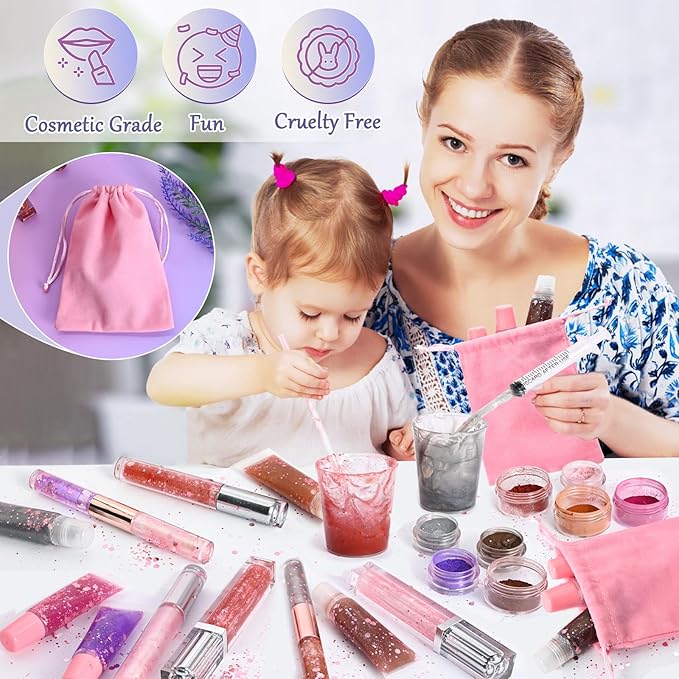 TSVATE Lip Gloss Making Kit, 58PCS DIY Lip Gloss Kit, Lipgloss Making Kit for Women, Beginner, Girls, Moisturizing Lipgloss Base Moist, Double-Ended Tubes, Jojoba Oil, Tween Girls Gift Trendy Stuff