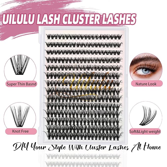 Uilulu Lash Clusters D Curl Individual Lashes 40D 0.07D 9-16 MIX 280 Clusters Lashes DIY Lash Extensions at Home False Lashes Wispy Eye Lash Clusters(40D, 9-16 mix)