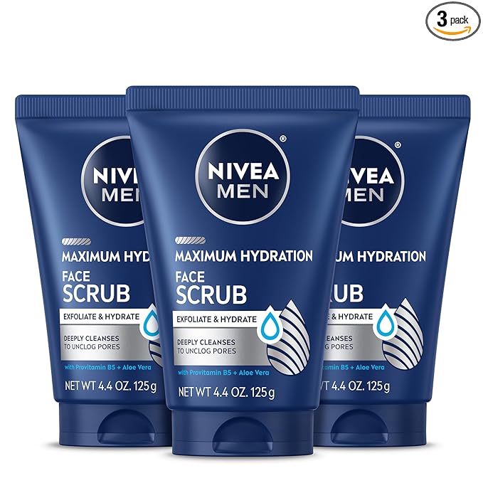 NIVEA MEN Maximum Hydration Face Scrub with Provitamin B5 and Aloe Vera, Exfoliating Face Wash Deeply Cleanses to Unclog Pores, 4.4 Oz Tube, Pack of 3