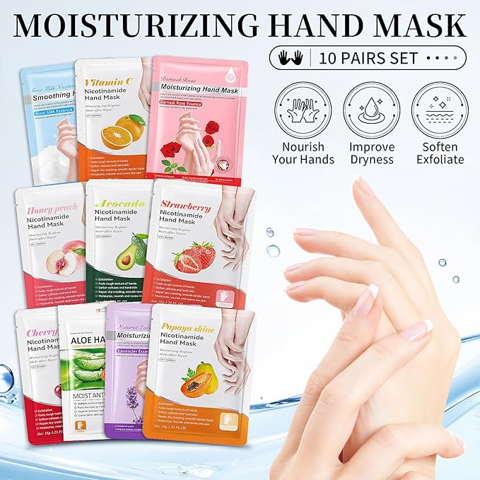 AIUEO 10 PCS Hand Mask Moisturizing Gloves, Hydrating Hand Masks for Dry Cracked Hands, Exfoliating Hand Peeling Mask, Nourishing Collagen Gloves for Hands