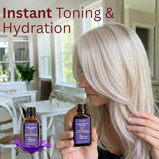 Purple Hair Oil - Argan Oil Toner for Blonde & Gray Hair | Anti Brassy Treatment for Bleached Hair | Purple Hair Gloss & Repair Serum | Color Safe Care | Hair End Treatment | 1.01 fl oz