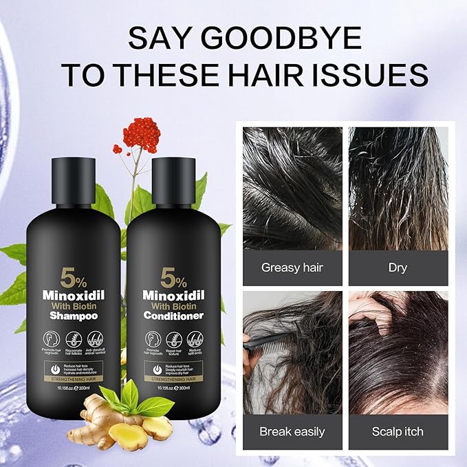Minoxidil Shampoo & Conditioner Set for Hair Growth – Biotin, Ginseng & Ginger – Supports Thicker, Fuller Hair – Scalp Care Formula – For Men & Women – 600ml Duo