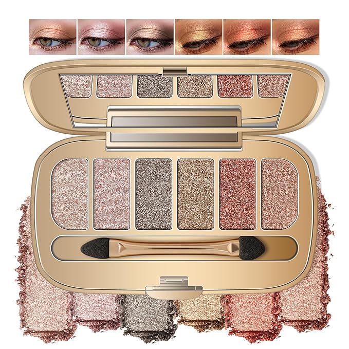 Noerrors Neutral Metallic Shimmer Eyeshadow Palette, Multi-Dimension Liquid Foiled Finish-Champagne, Soft Pink, Hazel, Copper Red, Long Lasting Pigmented Sparkly Glitter Mini Travel Cream Eye Shadow