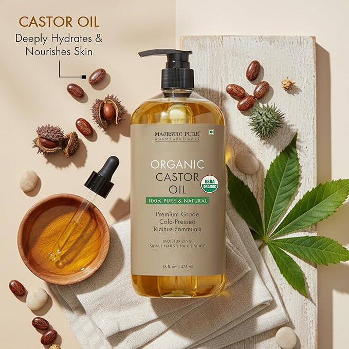 Majestic Pure Oil - 100% Pure and Natural- Cold Pressed & Hexane Free Natural Hair Growth Oil for Eyelashes, Eyebrows, Skin, Body, Face, Nails & Scalp - Organic Castor Oil 16 Fl Oz