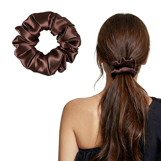 ZLYC 100% Mulberry Silk Scrunchie 19 Momme Gentle Creaseless Hair Tie for Women Dent-Free Ponytail Holder, 3.5cm Solid Coffee