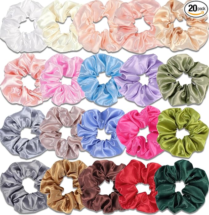 Satin Scrunchies for Women,Silk Hair Ties Fashion Soft Ties and Bands,Elastic Ponytail Holders No Damage Hair Accessories Thick Hair Styling for Girls - 20 Pcs light colors
