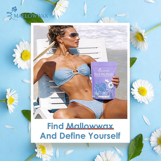 Mallowwax Hard Wax Beads, 1lb Blue Stripless Wax For All Skin Types, Brazilian Wax Beads For Bikini Wax, Face, Eyebrows, Underarms, Legs, Full Body Hair Rmoval For Women and Men