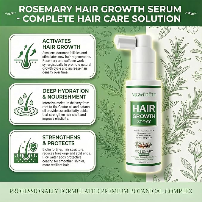 Rosemary and Rice Water Spray for Hair Growth with Biotin & Caffeine - Strengthening Scalp Treatment for Thinning Hair, Dryness & Itch Relief - Vegan & Non-Greasy Hair Spray, 2fl.oz/60ml