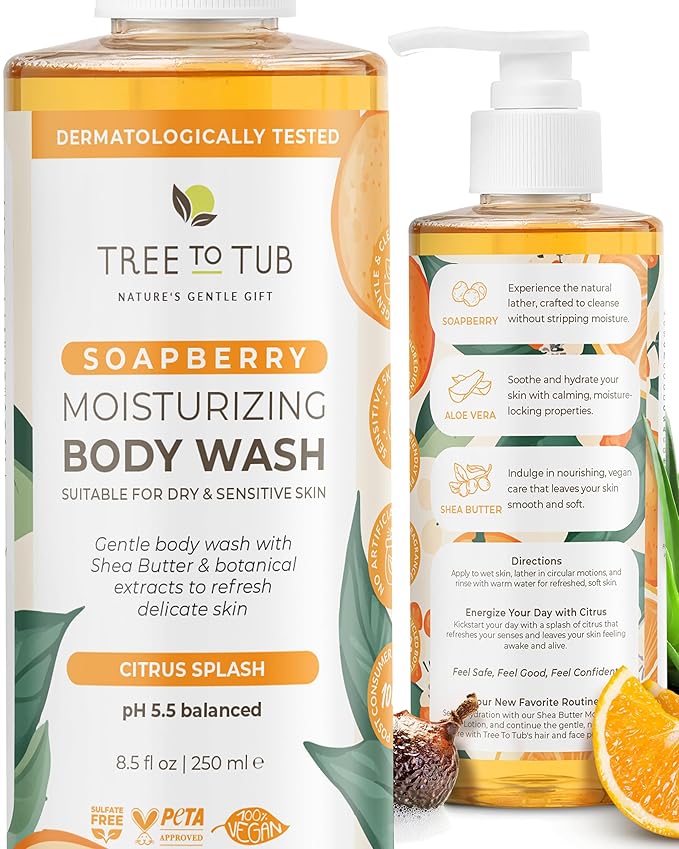 Tree To Tub Citrus Body Wash for Dry Skin & Sensitive Skin - pH Balanced Moisturizing Body Wash, Hydrating Sulfate Free Body Soap for Women & Men w/Organic Shea Butter, Aloe Vera, Natural Soapberry