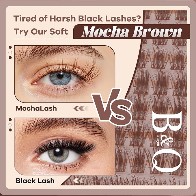B&Q Brown Lash Clusters Natural Lash Clusters for Light Hair, Reusable MochaLash Cluster Eyelash Extensions Soft Brown False Eyelashes Comfortable Eyelash Clusters Perfect for Occasions（MochaLash 02）