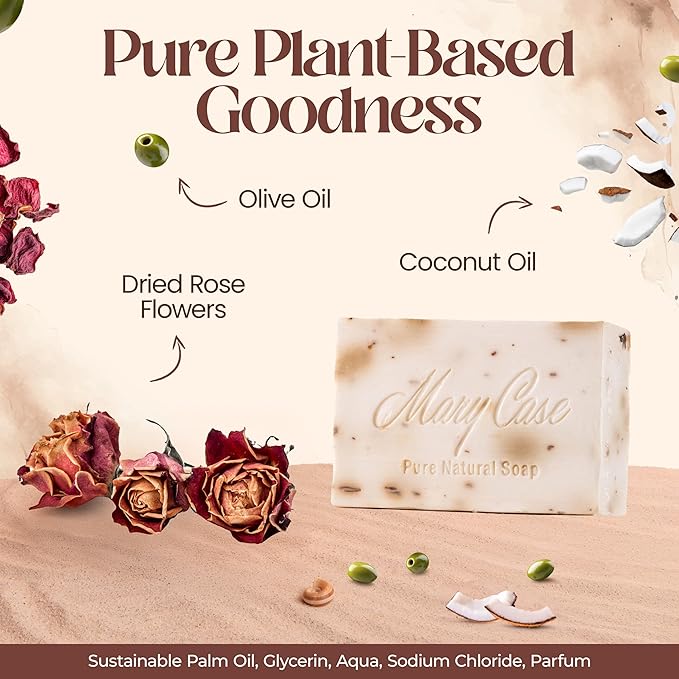 Mary Case Rose Bar Soap Set of 4 | Natural Soap with Olive, Coconut & Oils + Dried Flowers | Vegan Bath Soap for Men & Women | Softening, Hydrating & Boosting Skin Radiance