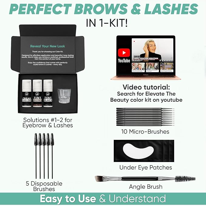 Eyebrow and Lash Kit | Brown and Black | Instant Color for Eyebrows and Lashes | 10 Applications | Perfect With Brow Lamination Kit | Vegan 2 in 1 Solution