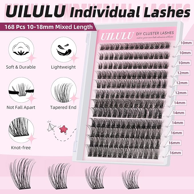 Uilulu Lash Clusters D Curl Clusters Lashes 0.07D 10-16 Mix 144 Eyelashes Individual Lashes Clusters DIY Lash Extensions at Home False Lashes Wide Band Natural Eye Lash Clusters(U11Lashes Only)