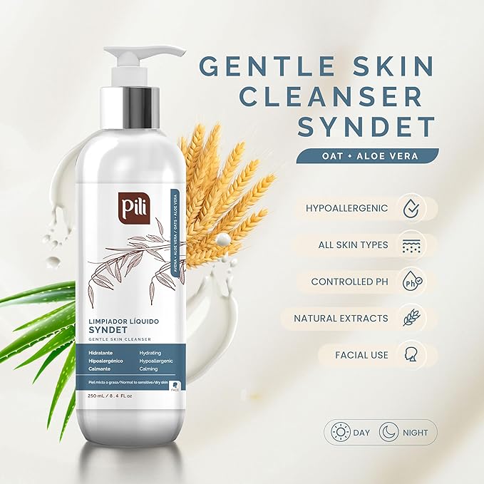 Pili Natural Syndet - Gentle Skin Cleanser with Oatmeal and Aloe Vera - Hypoallergenic cleanser for sensitive skin - 8.4 Fl.oz