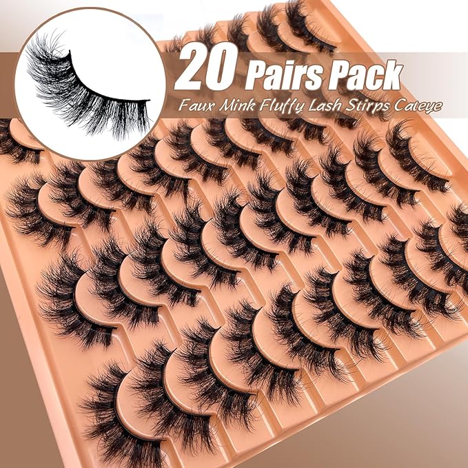 Mink Lashes Fluffy Cat Eyelashes Wispy Dramatic Volume 3D EyeLash D Curl 18mm Full Strips Lashes Thick That Look Like Extensions False Mink Eyelashes Pack YH304