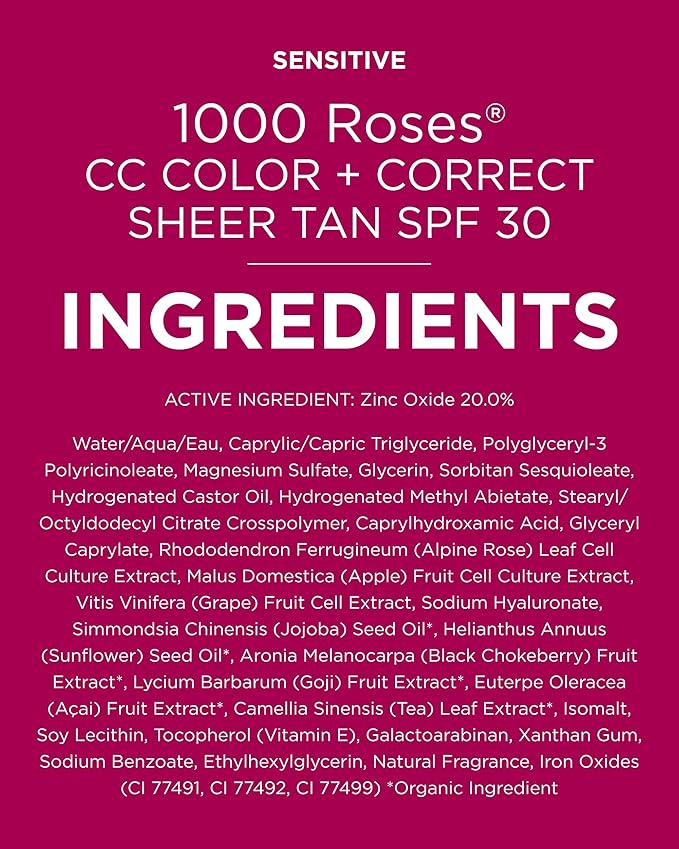 Andalou Naturals 1000 Roses CC Color + Correct with SPF 30, Sheer Tan, 2-in-1 Face Sunscreen + CC Cream for Sensitive Skin, Helps Correct Uneven Skin Tone, Reef Safe Sunscreen, 2 Fl Oz