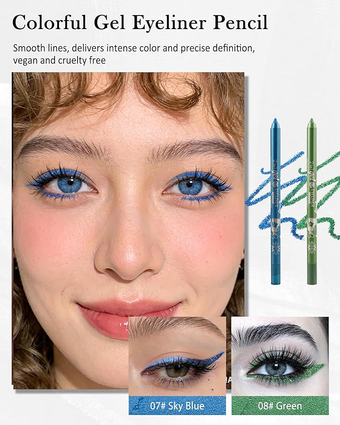 Sky Blue Green Eyeliner Pencil Gel, Multi-Use Colorful Eyeliner Waterline Waterproof Smudge-Proof Long Stay, High Pigmented Shimmer Cream Eye Liner Pen with Sharpener, Safe for Sensitive Eyes Makeup