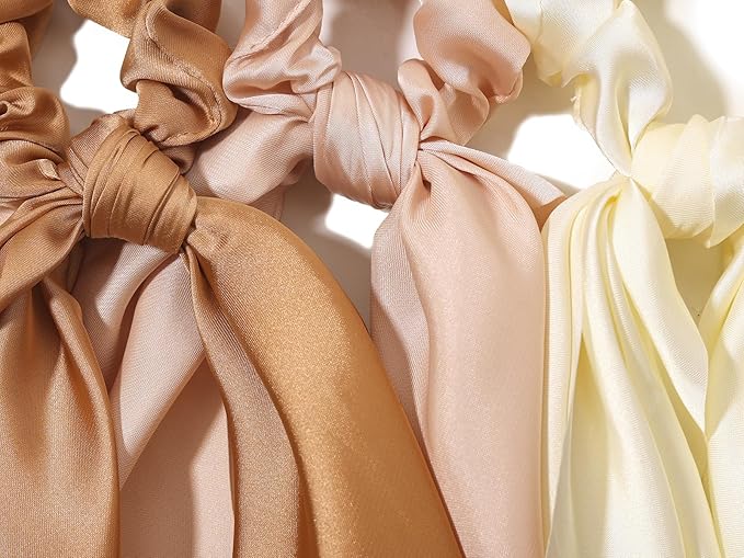 LFOUVRE 3PCS Hair Scarf Scruncheis for Women Knotted Bow Hair Ties Elastic Bands Satin Hair Ribbon Scrunchy Red Ponytail Holder for Women and Girls (Camel Apricot Ivory)