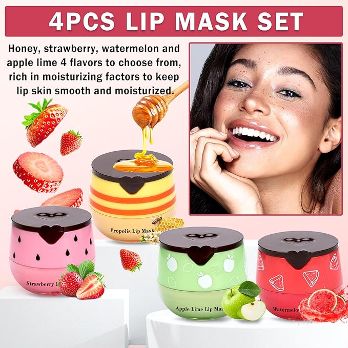 4 PCS Bee Lip Balm Honey Pot,Honey Strawberry Watermelon Apple Lip Mask, Reduces Lip Lines,Hydrating Exfoliating Lip Balm