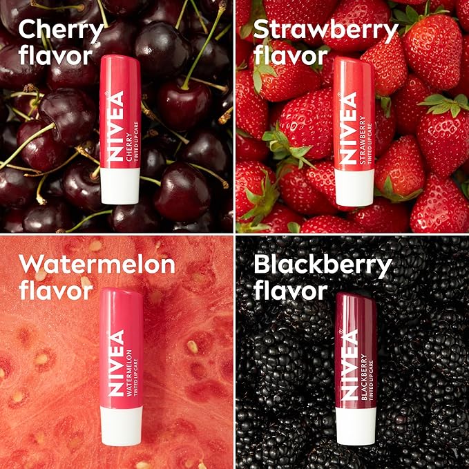 NIVEA Lip Care, Fruity Tinted Lip Balm Variety Pack, Cherry, Strawberry, Blackberry and Watermelon Flavors, Mothers Day Gifts, 0.17 Oz Stick, Pack of 4